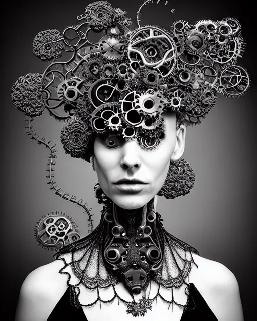 Image similar to surreal black and white photo portrait of complex bio-mechanical beautiful young female vegetal-cyborg with a Mandelbrot fractal steampunk metal fine lace face, curled silver hair and a fine metal floral foliage super big lace collar by Alexander McQueen:: high fashion, haute couture, rococo, steampunk, silver filigree details, anatomical, facial muscles, cable wires, microchip, elegant, hyper realistic, 150 mm lens, soft rim light, octane render, unreal engine, picture was taken in 1910, volumetric lighting, 8k,