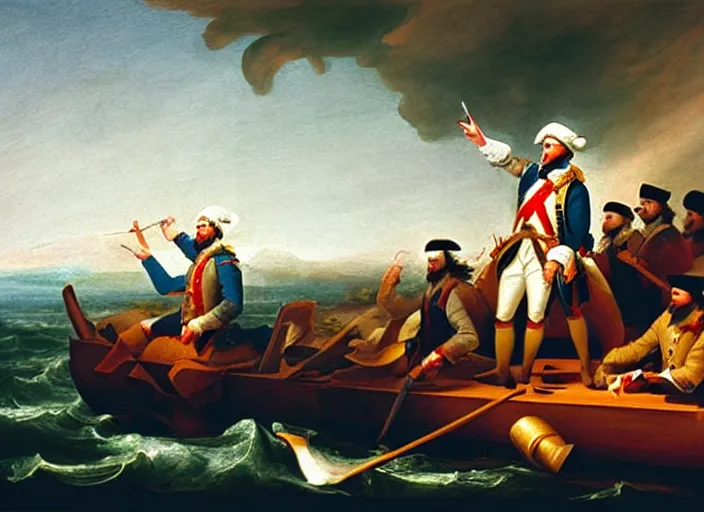 Image similar to oil painting of Washington Crossing the Delaware but Washington is taking a selfie with an iPhone