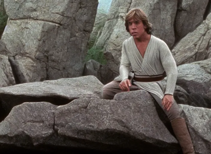 Prompt: screenshot of Luke Skywalker using the force to make rocks float around him, sitting outside on the rocky jedi temple, famous scene from the last jedi, 1980s film directed by Stanley Kubrick cinematic lighting, kodak, moody cinematography, with anamorphic lenses, crisp, detailed portrait, 4k image