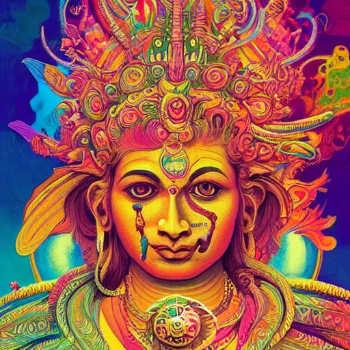 Image similar to An extremely psychedelic experience, colorful, surreal, chromostereopsis, Hindu God Shiva, LSD, face, intricate, elegant, highly detailed, digital painting, artstation, concept art, smooth, sharp focus, illustration, art by Sam Spratt, Dan Mumford, Artgerm and Alphonse Mucha