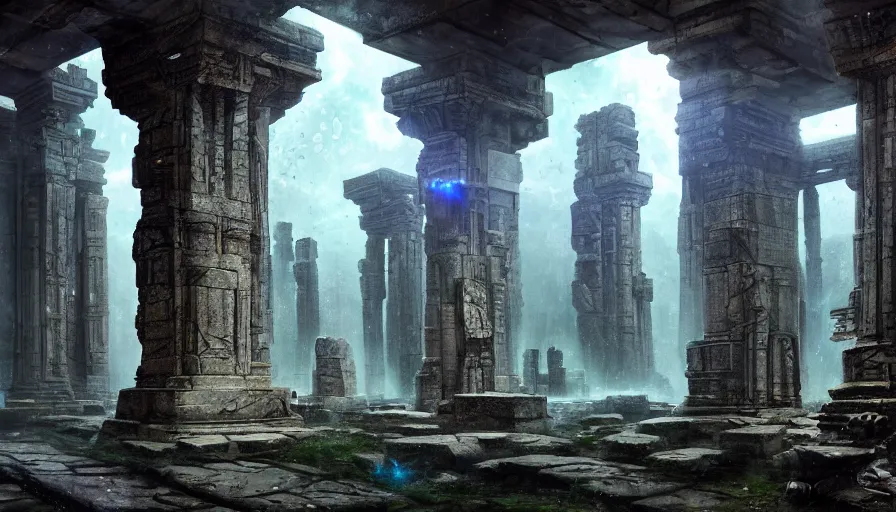 Image similar to Inside ancient alien temple, crumbling stone columns, refracted sparkles, thunderstorm, dark still pool, major arcana sky and sci-fi alien symbology, by paul delaroche, hyperrealistic 4k uhd, award-winning, very detailed cyberpunk