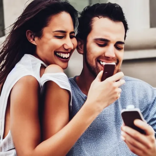 Prompt: two people hugging and looking at a smartphone