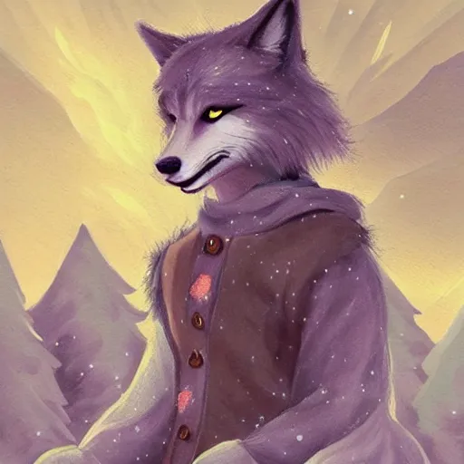 Prompt: aesthetic portrait commission of an anthro anthropomorphic wolf wearing a cute cozy soft pastel winter outfit winter Atmosphere. detailed, inked, western comic book art, award winning painting