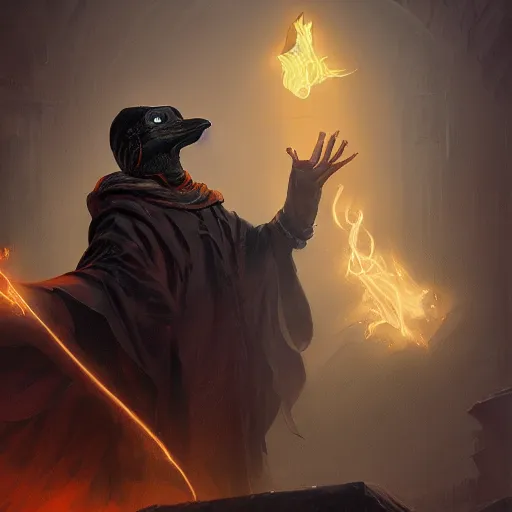 Image similar to wizard plague doctor, Casting a multi colored spell, highly detailed, concept art,, D&D, Fantasy, Digital Painting, sharp focus, dynamic, lighting, 4k, by Viktor Antonov and Greg Rutkowski