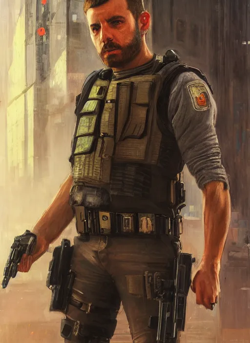 Prompt: 🐷. cyberpunk police trooper in a military vest ( blade runner 2 0 4 9, cyberpunk 2 0 7 7 ). orientalist portrait by john william waterhouse and james gurney and theodore ralli and nasreddine dinet, oil on canvas. cinematic, hyper realism, realistic proportions, dramatic lighting, high detail 4 k