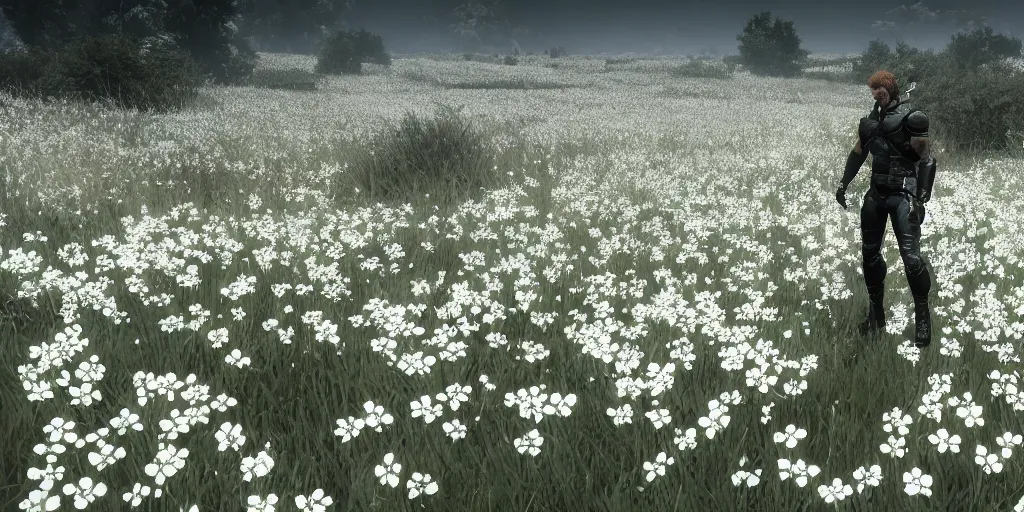 Prompt: Snake from metal gear solid standing in a field of white flowers, unreal engine 5, hyperdetailed, cinematic