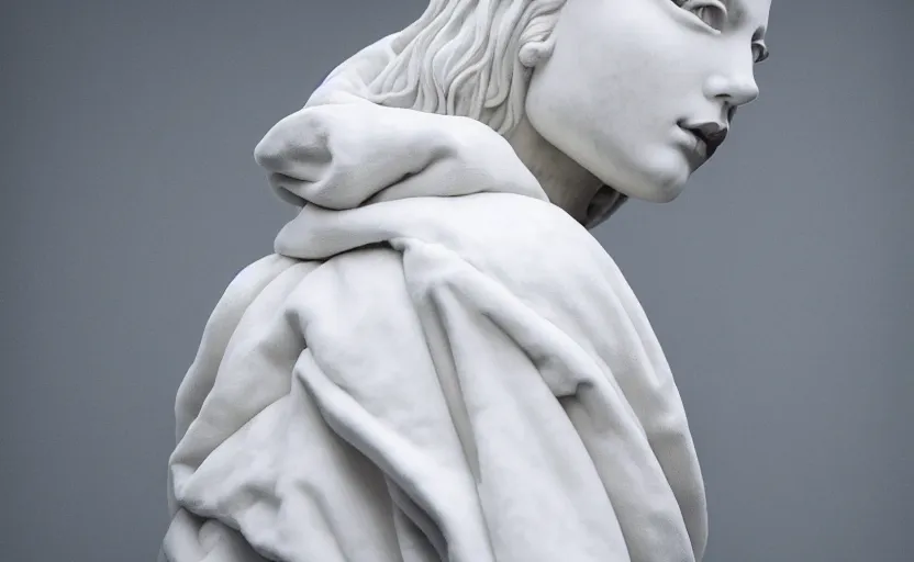 Image similar to well lit fashion shoot portrait of extremely beautiful female marble statue wearing huge over size puffer jacket by dingyun zhang, yeezy, balenciaga, vetements, a cold wall, sharp focus, clear, detailed,, cinematic, detailed, off white, glamourous, symmetrical, vogue, editorial, fashion, magazine shoot, glossy