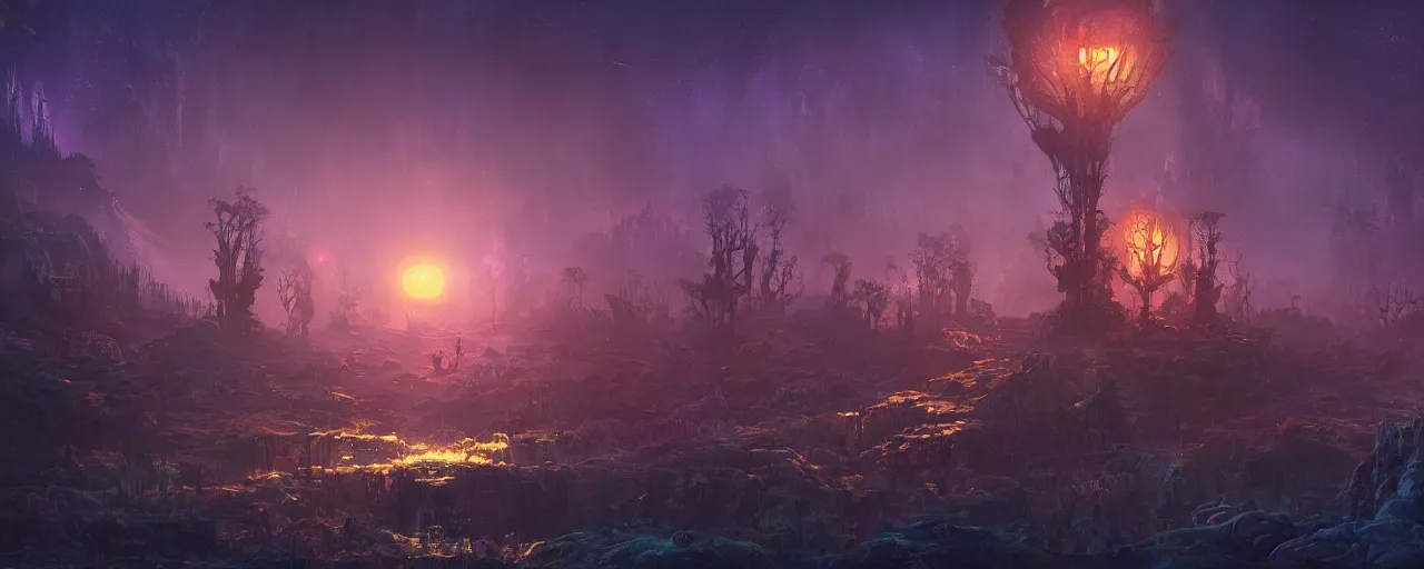 Image similar to ” otherwordly landscape at night, [ bioluminescense, cinematic, detailed, epic, widescreen, opening, establishing, mattepainting, photorealistic, realistic textures, octane render, art by slop and paul lehr ] ”