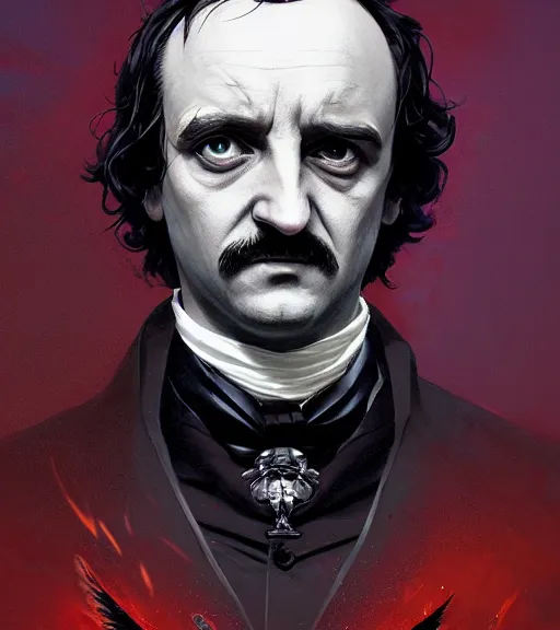 Image similar to highly detailed edgar allan poe portrait in gta v, stephen bliss, unreal engine, fantasy art by greg rutkowski, loish, rhads, ferdinand knab, makoto shinkai and lois van baarle, ilya kuvshinov, rossdraws, tom bagshaw, global illumination, radiant light, detailed and intricate environment