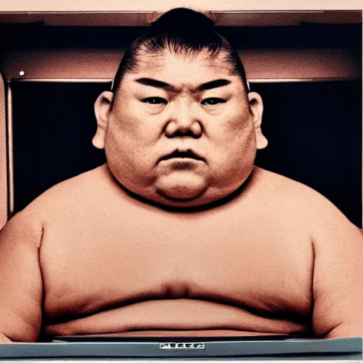 Image similar to photograph of a sumo wrestler trapped inside of a microwave