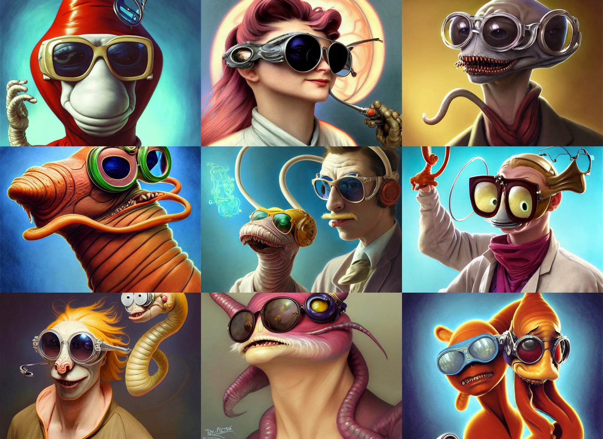 Prompt: a cool derpy anthropomorphic worm wearing sunglasses wearing a lab coat, diffuse lighting, fantasy, intricate, elegant, highly detailed, lifelike, pastel, digital painting, artstation, illustration, concept art, smooth, sharp focus, art by frank frazetta and marco bucci and loish and rossdraws and artgerm and alphonse mucha