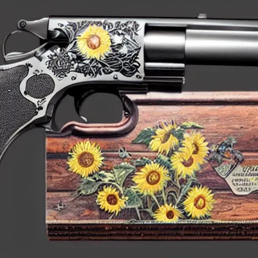 Prompt: A gun with sunflower engravings.