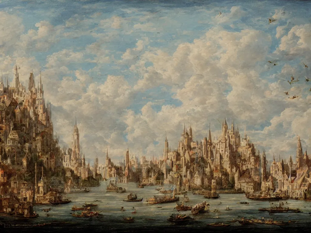 Image similar to a fantasy town, viewed from the harbor, by jean - baptist monge,