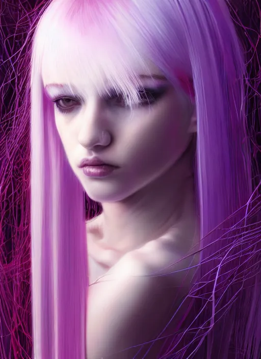 Image similar to hair whitebangs hair, black cyberlox, portrait of normal teenage girl with white bangs, messy bangs, cyberlox, whitebangs, red irises, purple clothes, intricate, elegant, glowing lights, highly detailed, digital painting, artstation, concept art, sharp focus, smooth, illustration, art by wlop, mars ravelo and greg rutkowski