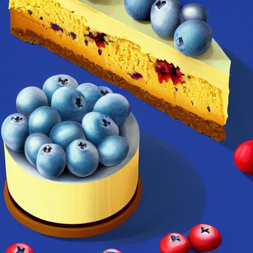 Image similar to a cat is standing near a blueberry cheesecake, chromatic aberration, medium level shot, illustration, concept art,