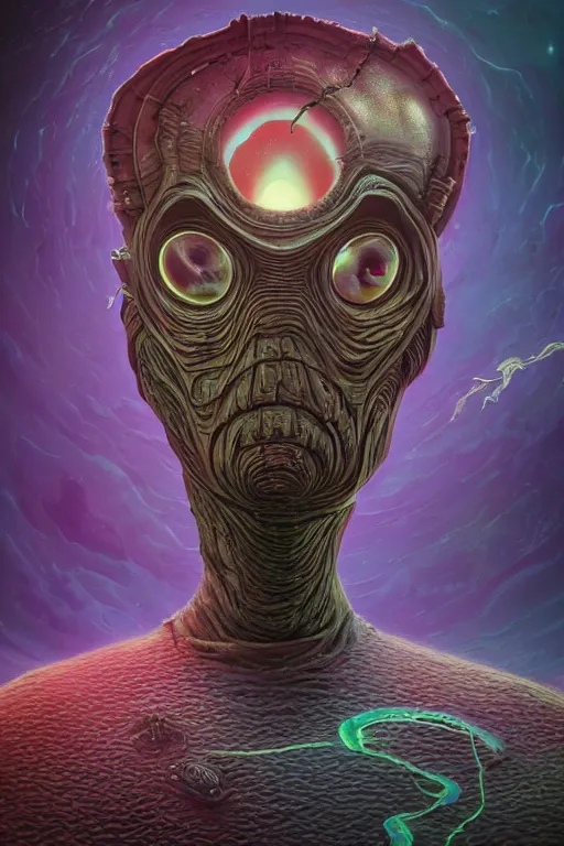 Image similar to rick and morty fused with lovecraft and vader helmet dune worm, realistic portrait, high details, intricate details, by vincent di fate, artgerm julie bell beeple, 90s, Smooth gradients, octane render, 8k, volumetric lightning, photo, High contrast, duo tone, depth of field, very coherent symmetrical artwork