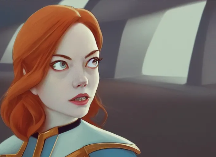 Image similar to a disney film still of emma stone as a star trek officer, finely detailed features, closeup of the face, perfect art, dusk, blue hour, gapmoe yandere grimdark, trending on pixiv fanbox, painted by greg rutkowski, makoto shinkai, takashi takeuchi, alphonse mucha, akihiko yoshida