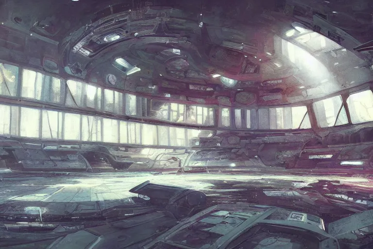 Image similar to A beautiful painting of inside in abandoned rusty space station from kindzadza, Trending on artstation.