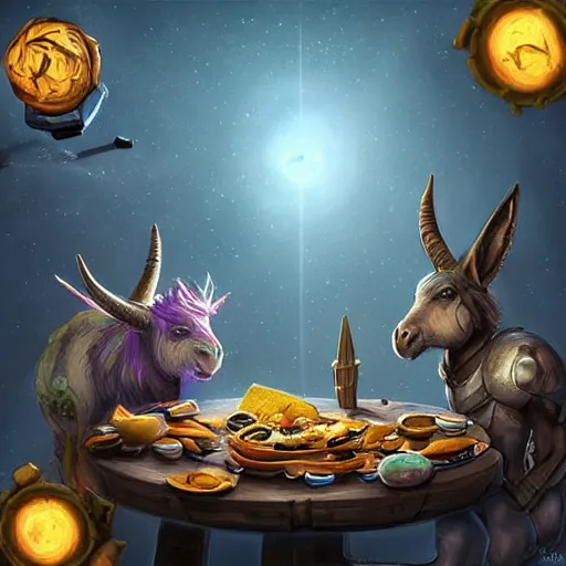 Image similar to zoom out, ultrarealistic, ultradetailed, war donkey eating breakfast, sitting on a futuristic table with aliens, at the end of the universe, very very very ultradetailed, epic fantasy style art, fantasy epic digital art, epic fantasy art, hearthstone style art, pathfinder, dungeons and dragons, floral, planets, stars, galaxies, highlights, organic, concept art