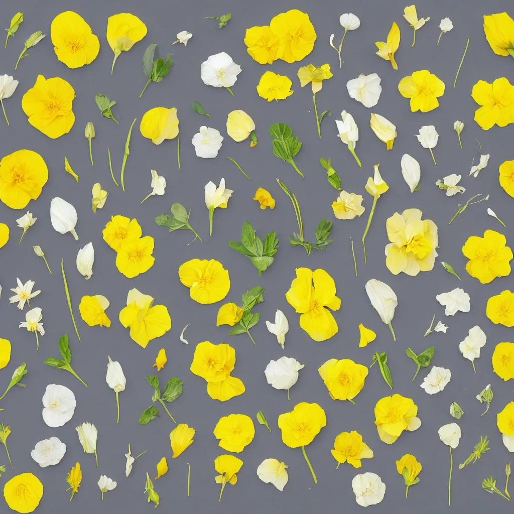 Image similar to various kinds of separate yellow flower petals, botanical illustration, white background, 8 k