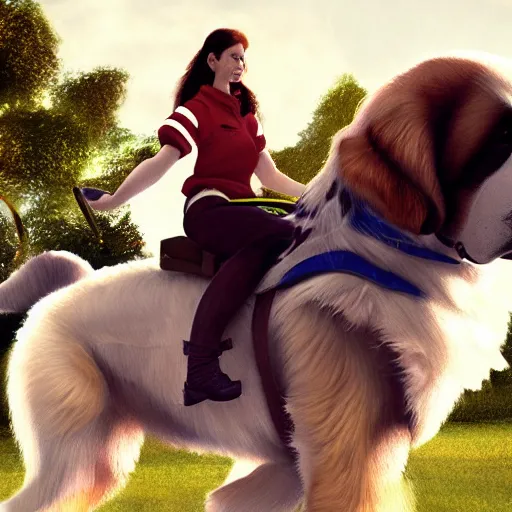 Image similar to girl riding a giant saint Bernard in the park, trending on artstation