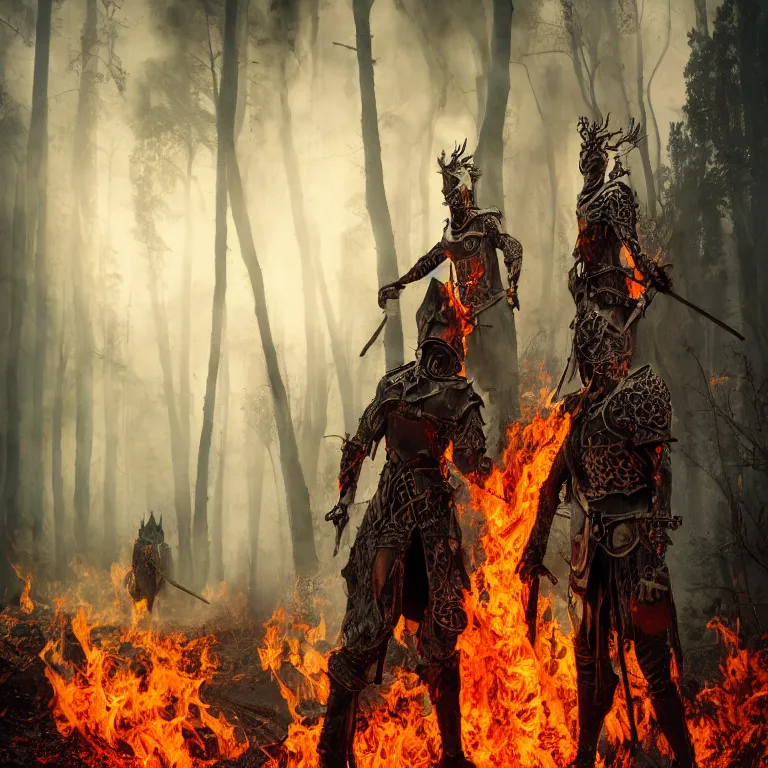 Prompt: burned forest to ashes with two knights standing there, highly detailed, smooth, sharp focus, portrait, concept art, intricate details, fantasy poster, dark athmosphere, 8 k. lifelike. nikon d 8 5 0