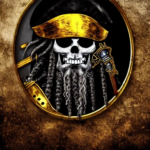 Image similar to a potrait of pirates, king of pirates, gold teeth, crazy hair, wearing armor, flag on his back, 1 6 0 0 century, black beard, one piece, photo realistic, in a circle, nft style, dust, grain, scretch on picture, noise, deep focus, high detail