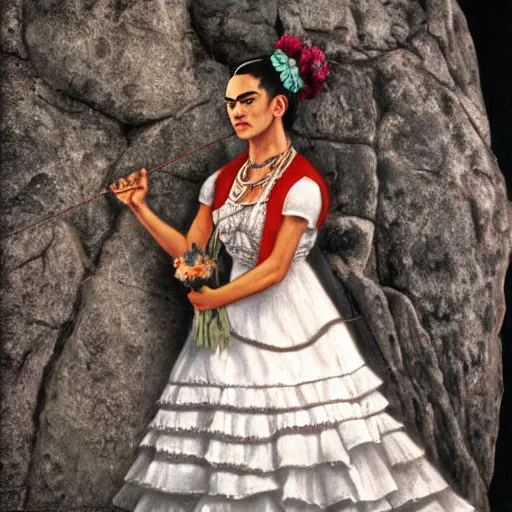 Image similar to Ultra realistic close-up of Frida Kahlo in a wedding dress rock climbing, hd