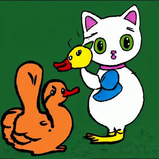 Image similar to a kitten and a duck in love cartoon