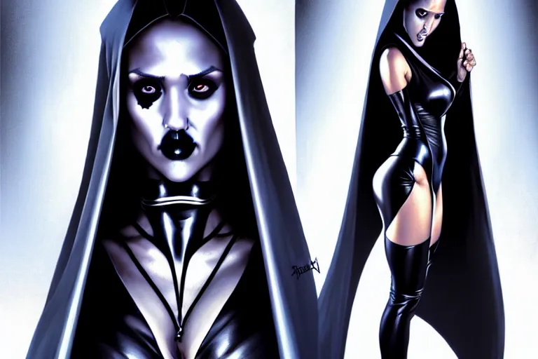 Image similar to symmetric!!! intense fan art of full front pose of jessica alba as seduisant, lascivious lady death from coffin comics, digital painting, artstation, concept art, smooth, symmetry!! hyper - realistic!! sharp focus, illustration, art by artgerm and greg rutkowski and alphonse mucha