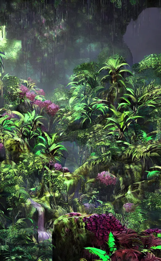 Prompt: a beautiful render of a dark prehistoric rainforest in a humongous cave, lush flora, patches of sky, magenta flowers, sunset, floating mountains and a waterfall in the background, intricate detail, hazy, humid, volumetric lighting, 8 k, photorealistic, raytracing effects, unreal engine 5