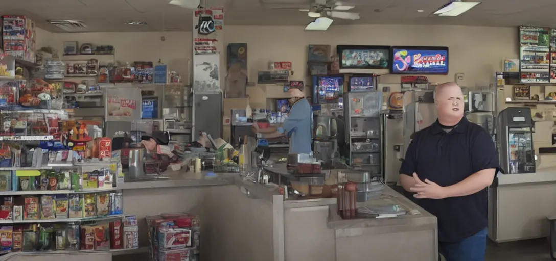 Prompt: bobby hill from king of the hill working behind the counter of a gas station, 8 k, hd, movie still