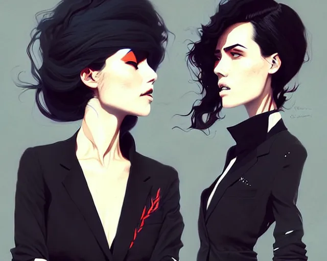 Image similar to a ultradetailed portrait painting of three women in black suits, by conrad roset, greg rutkowski and makoto shinkai trending on artstation