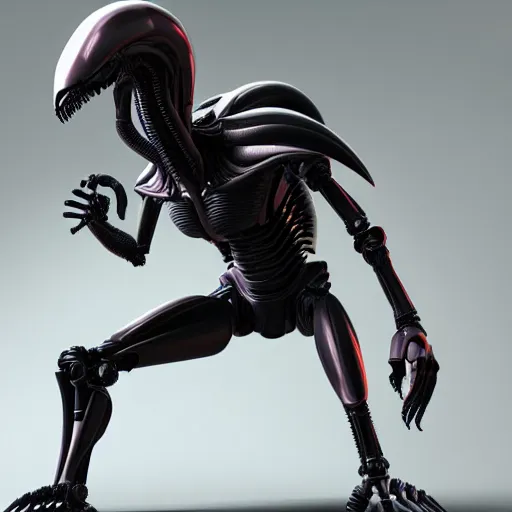 Prompt: futuristic xenomorph alien robot, highly detailed, photorealistic shot, bright studio setting, studio lighting, crisp quality and light reflections, unreal engine 5 quality render