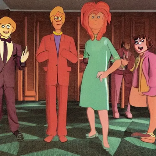 Prompt: Scooby-Doo characters in the Overlook Hotel in The Shining
