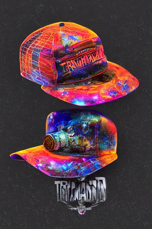 Image similar to photo of a baseball cap, band merchandise, bandname is tripmachine, tourname is invasion of the tripmachines, realistic digital art, printed with a 3 d render of a huge futuristic steampunk generator, 8 k, fluorescent colors, halluzinogenic, multicolored, exaggerated detailed, unreal engine