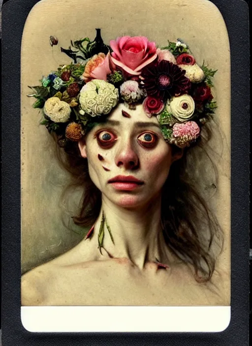 Image similar to beautiful and detailed rotten woman made of plants and many types of stylized flowers like carnation, daisy, chrysanthemum, anemone, roses and tulips, intricate, surreal, vladimir volegov, john constable, guy denning, gustave courbet, caravaggio, romero ressendi, 1 9 1 0 polaroid photo