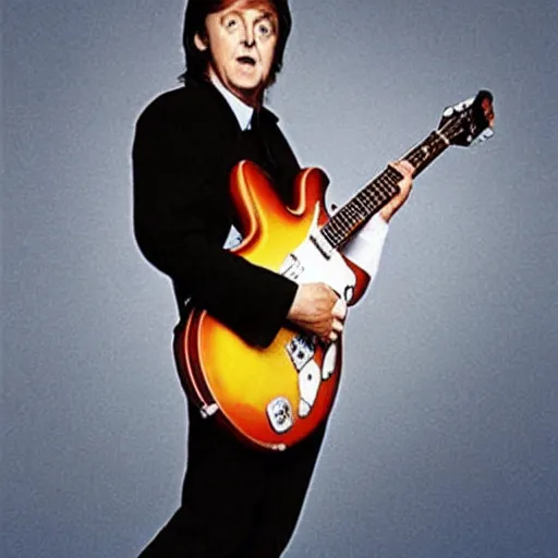 Image similar to Paul McCartney playing a Squier Hello Kitty Stratocaster, 8k, high definition, highly detailed, photorealistic