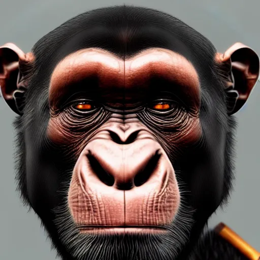 Image similar to a high detail shot of a chimp wearing a suit, smoking, render, cgsociety, photorealism