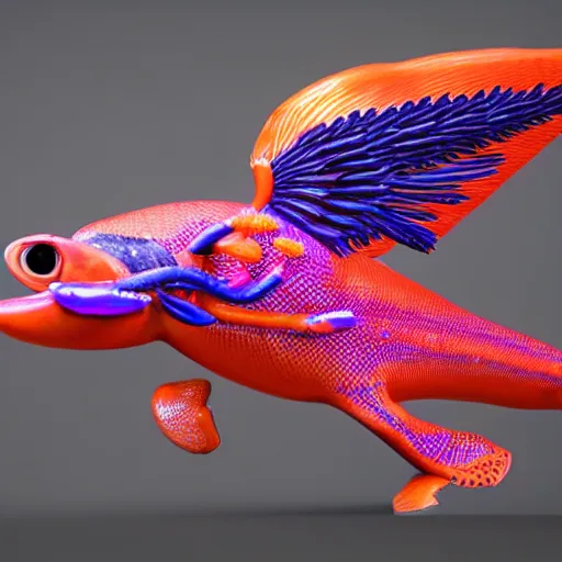 Prompt: comically stupid+weird+silliest+silly+flying salmon+high detail+highly reflective skin+wings+googly eyes+bright colors+4k+unreal engine render+ cinematic lighting+intricate detail