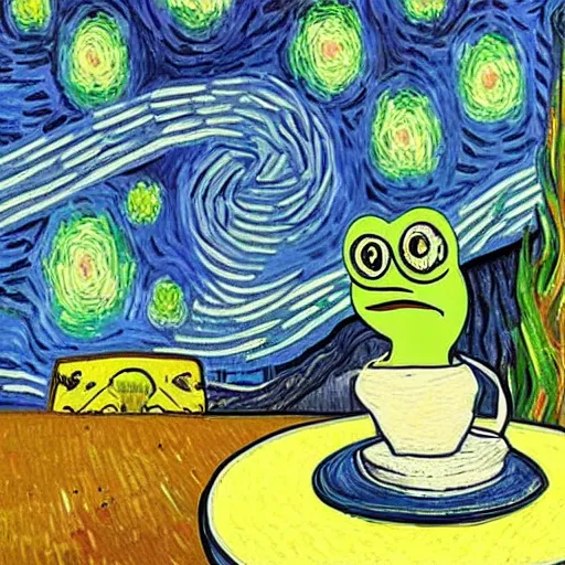 Image similar to starry night with pepe the frog sitting at a cafe table by vincen van gogh