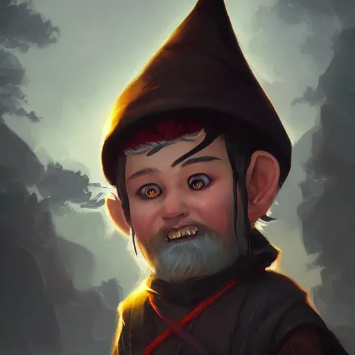 Image similar to Portrait of a young gnome wizard, epic, ominous, cinematic, art by artgerm and greg rutkowski, trending on artstation.