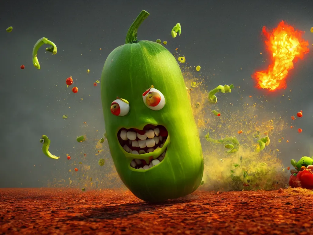 Image similar to detailed 3 d render of a raging zucchini character with burning scissors running on dirt road, scared tomates scattered everywhere, high speed action, explosions, dramatic scene, hyper realistic octane render, cinematic lighting, splatter, deviantart, black sky, lowbrow, frame from pixar movie