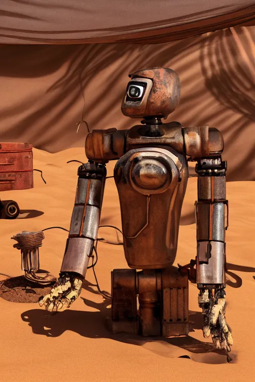 Prompt: rusty robot merchant in a desert tent selling parts, ultra realistic photograph, cinematic lighting, sand.