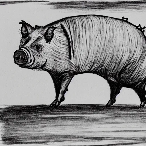 Image similar to walking pig wearing crown ink drawing black and white 35mm