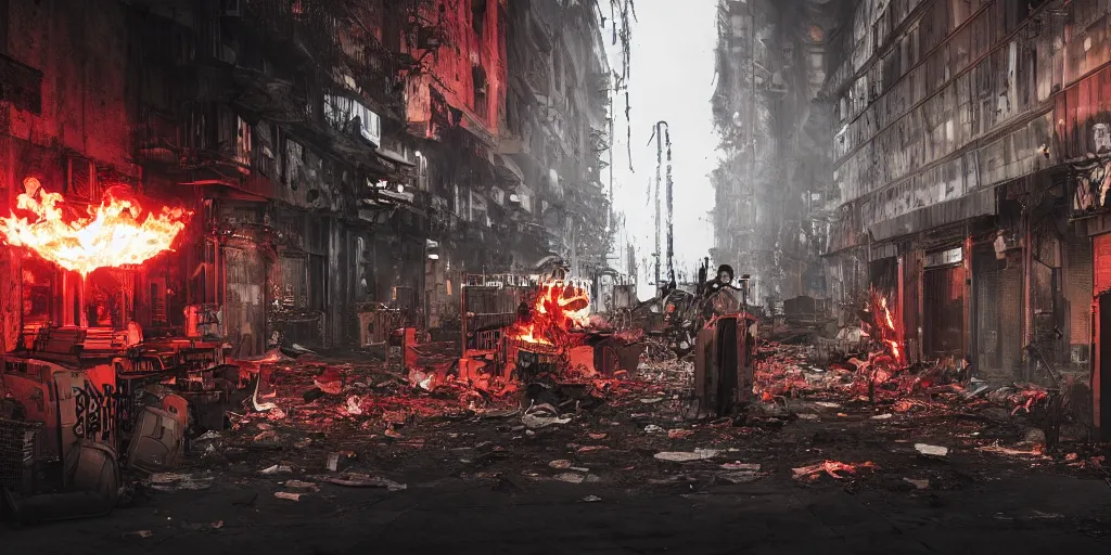 Image similar to post apocalyptic city, revolutionary punk masked up punk, fire, damaged, trash, full shot, by liam wong