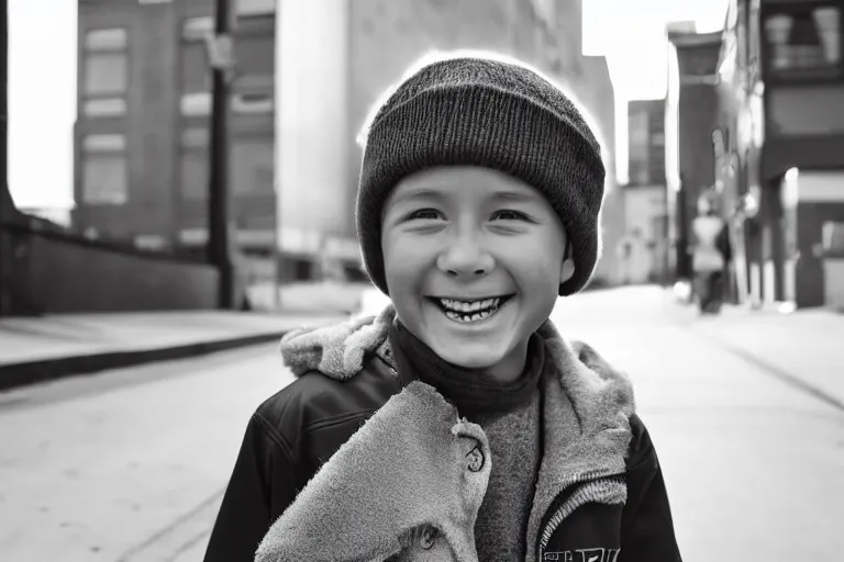 Image similar to still photo of a canadian child boy smiling at the camera on the street, black and white color aesthetic, highly detailed, photorealistic portrait, bright studio setting, studio lighting, crisp quality and light reflections, unreal engine 5 quality render