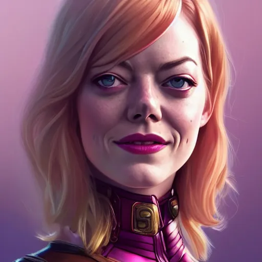 Image similar to beautiful Emma Stone as Gwenpool, western, closeup, D&D, fantasy, intricate, elegant, highly detailed, digital painting, artstation, concept art, matte, sharp focus, illustration, art by Artgerm and Greg Rutkowski and Alphonse Mucha