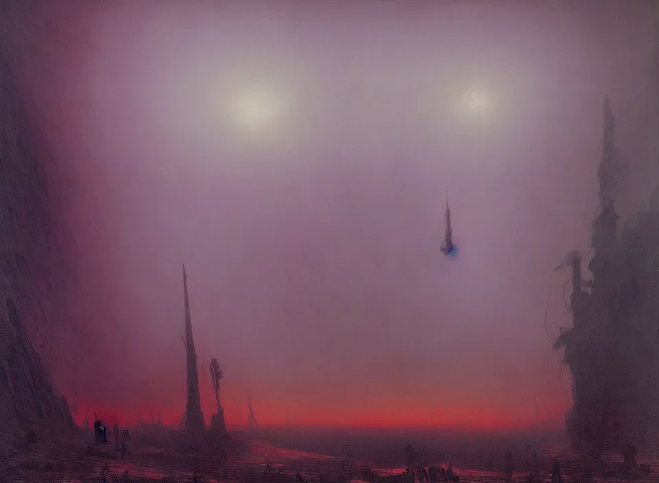 Image similar to the blind liberty of the few, red and purple palette, volume light, fog, by caspar david friedrich by ( h. r. giger ) and paul lehr