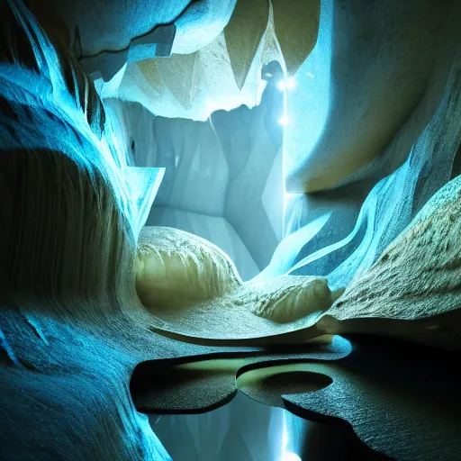 Image similar to light is mine to travel,beyond time ,the cathedrals in a underground vast cave canyon grotto, of life the beginning , geological strata,ground mist, falling water,deep clear pools of water,reflection,refraction, hyper-maximalist,micro details, 3d sculpture,,digital rendering,octane render , 4k, artstation, concept art ,amazing lighting, f42,deep depth of field,photographic, wide angle,cinematic lighting